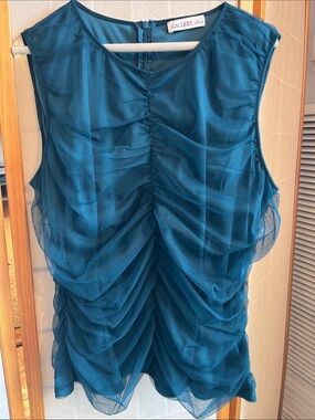 Gallery Teal Layered Ruched Sheer Tank